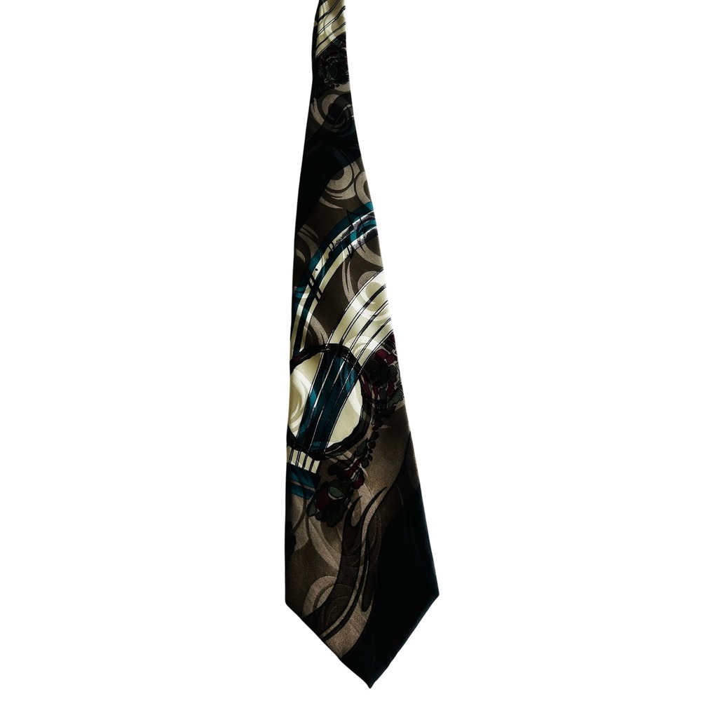Vintage Chez Roffe Upbeat Mens Guitar Abstract Silk Blend Necktie Brown Teal